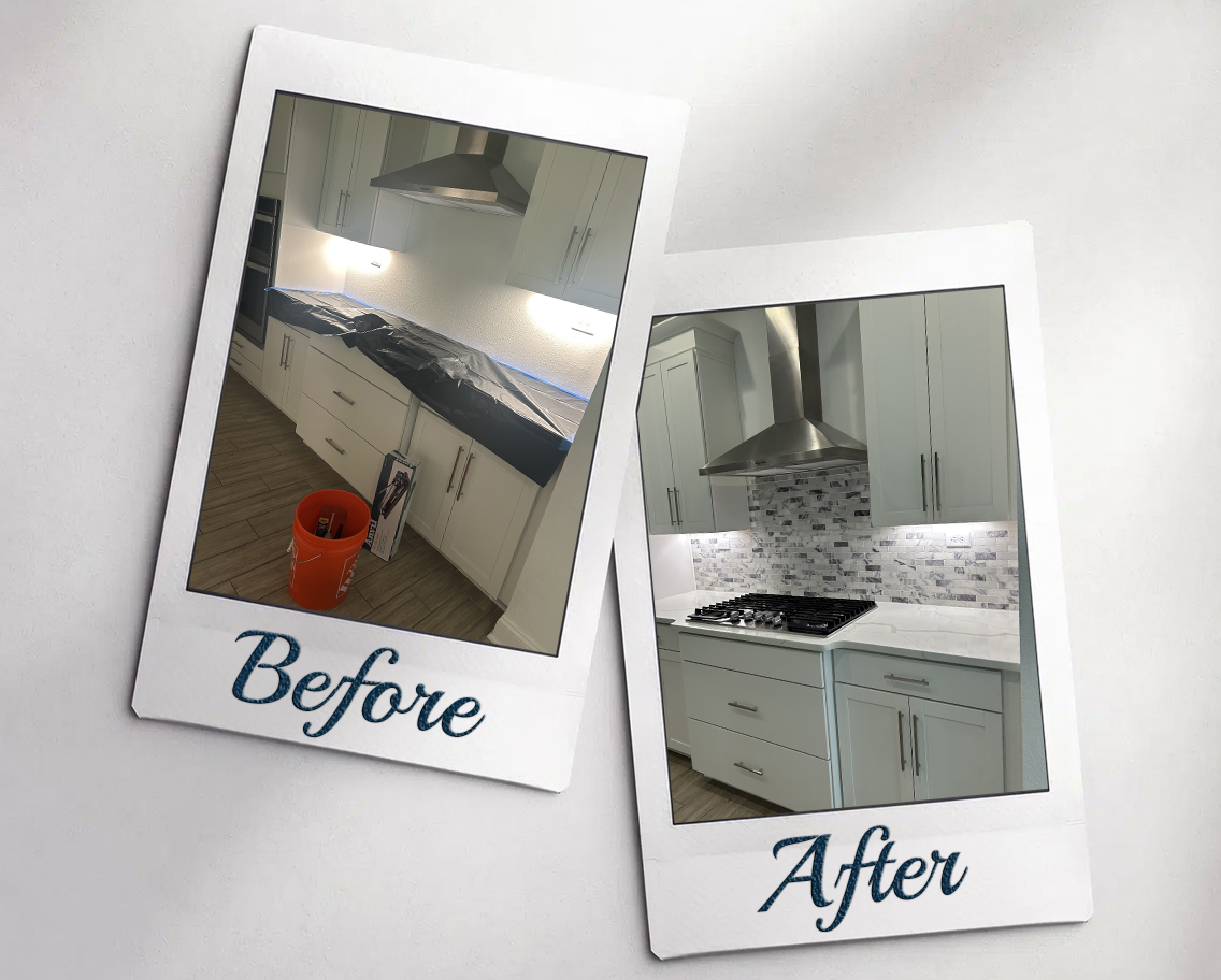 Mosaic tile backsplash installation before and after in Jacksonville FL