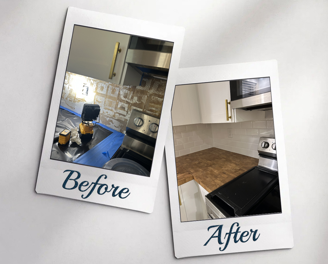 Kitchen tile backsplash installation before and after in Jacksonville FL