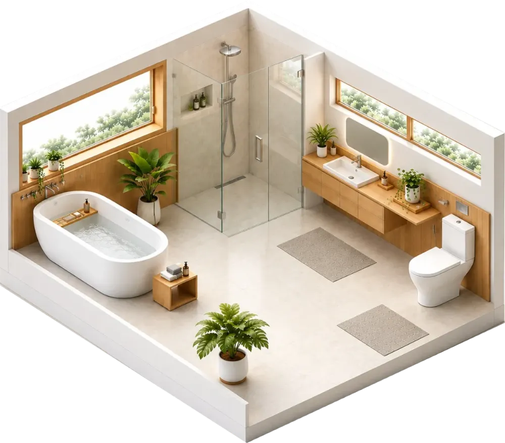 Isometric illustration of a remodeled bathroom with freestanding tub, glass shower and floating wood vanity